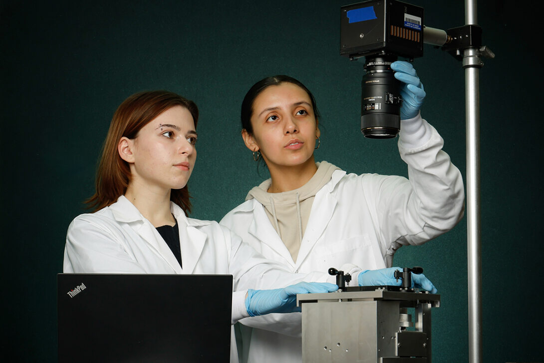 Angela Mitevska and Citlally Santacruz in the Finan Lab in mechanical and industrial engineering