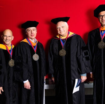 Mechanical and Industrial Engineering faculty members Kenneth Brezinsky (from left), Constantine Megaridis, Alexander Yarin, and Reza Shahbazian-Yassar received endowed professorships during a recent investiture ceremony at UIC. 