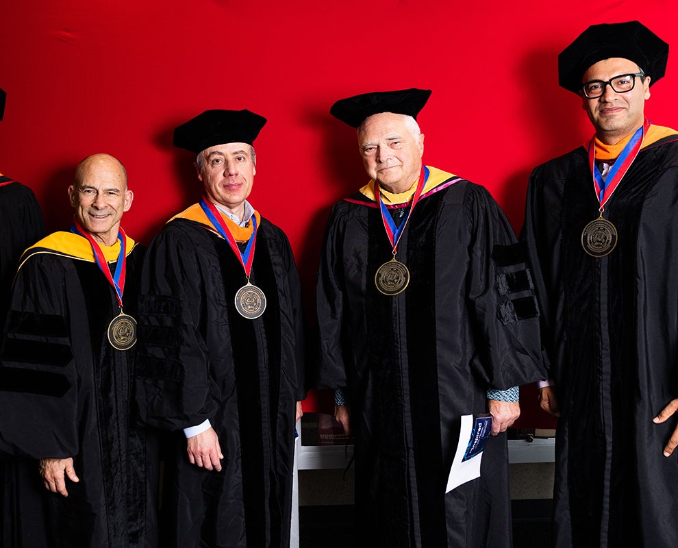 Mechanical and Industrial Engineering faculty members Kenneth Brezinsky (from left), Constantine Megaridis, Alexander Yarin, and Reza Shahbazian-Yassar received endowed professorships during a recent investiture ceremony at UIC.