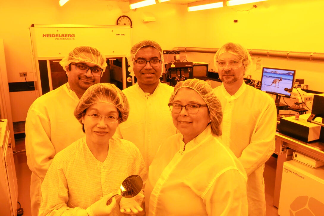 Debjit Pal (from left), Lucy Shi, Aritra Banerjee, Carmen Lilley and Igor Paprotny in the Nanotechnology Core Facility.