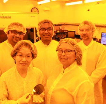 Debjit Pal (from left), Lucy Shi, Aritra Banerjee, Carmen Lilley and Igor Paprotny in the Nanotechnology Core Facility. 