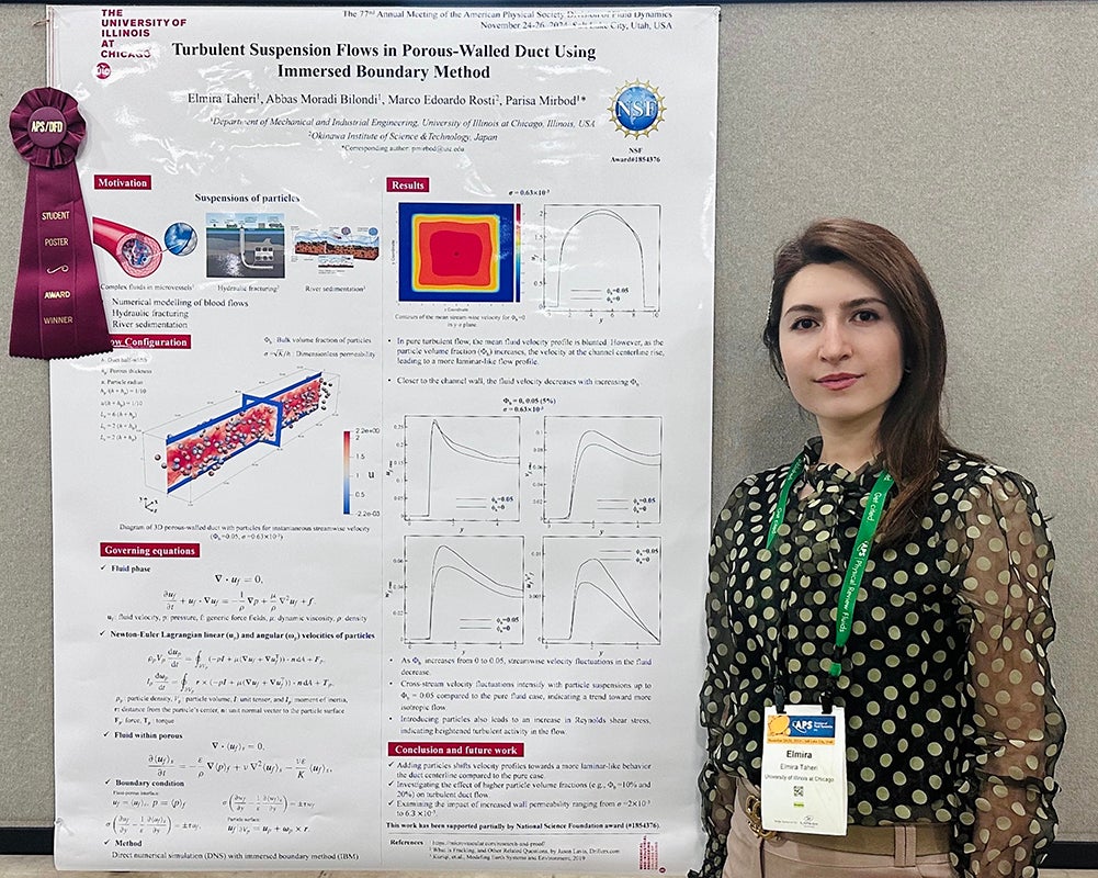 Elmira Taheri recently won the APS Student Poster Award during the 77th annual meeting of the American Physical Society Division of Fluid Dynamics.