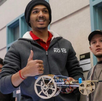 Mechanical and industrial engineering students raced their mouse trap vehicles with autonomous braking systems for their ME 250 final projects this semester. 