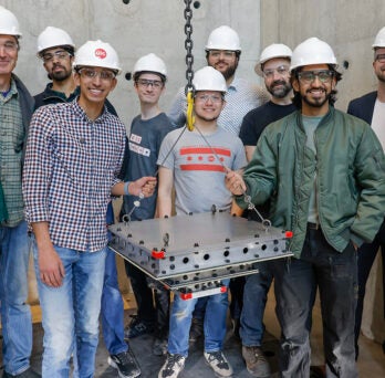 A team of MIE students recently built and conducted a drop test for a celestial landing device in UIC’s High Bay Lab, a part of their capstone project sponsored by NASA. 